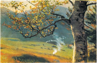 Árbol en otoño frente a un valle de Hans Thoma